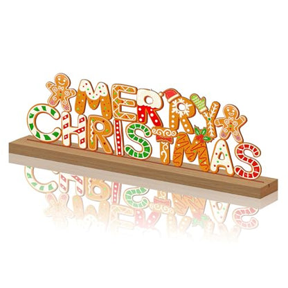 Christmas Decorations Merry Christmas Metal Table Sign, Gingerbread Cookie Letters Holiday Tiered Tray Decor Cute Tabletop Centerpiece for Home Mantel Kitchen Shelf Party Gift - style: Merry Christmas