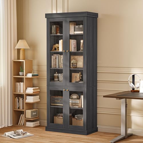 Vyre 70.8" Tall Black Bookshelf with Glass Doors, Farmhouse Modular Bookcase with 6-Tier Adjustable Shelves, Large Storage Cabinet for Home Office, Living Room, Set of 2 - color: Black
