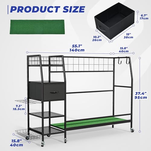 Golf Bag Organizer Storage Rack, Rolling Golf Storage Organizer for Garage, Golf Equipment Holder with Wheels, Turf Mat, Carbon Steel - size: 51.18 in (L) x 15.8 in (W) x 37.4 in (H）