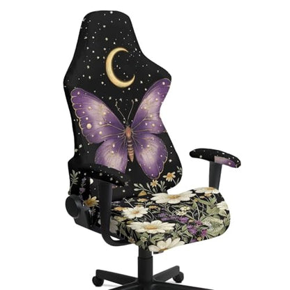Suobstales Butterfly Moon Flower Print Game Chair Cover with 1 Pair Armrest Cover, Anti-Scratch Protection Rotating Chair Slipcovers, Stretchy Covers for Racing Gaming Chair - color: Butterfly Moon Flower