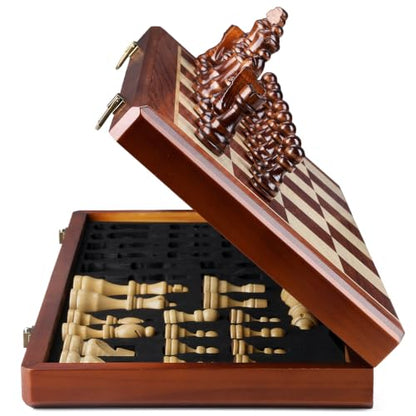 15.4" Magnetic Wooden Chess Set for Adults & Kids, Handcrafted Foldable Chess Board with Individual Storage Slots, 2 Extra Queens, Portable Travel Chess Set, Home & Office Decor, Gift for Chess Lover