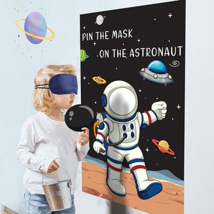 Hooqict Pin The Mask on The Astronaut Space Party Games for Kids Birthday Game Astronaut Solar System Outer Space Themed Party Decorations, Large Poster with 24 Mask Stickers - style: Astronaut