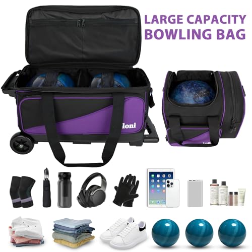 Goloni 3 Ball Bowling Bag with Wheels, 2+1 Double Roller Bowling Bag with Shoe Compartment,Tote Bag for Bowling Accessories - color: 3 Ball-Purple