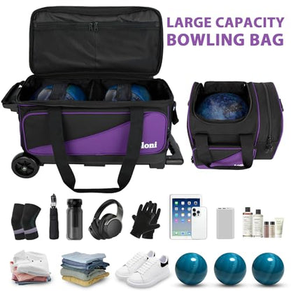 Goloni 3 Ball Bowling Bag with Wheels, 2+1 Double Roller Bowling Bag with Shoe Compartment,Tote Bag for Bowling Accessories - color: 3 Ball-Purple