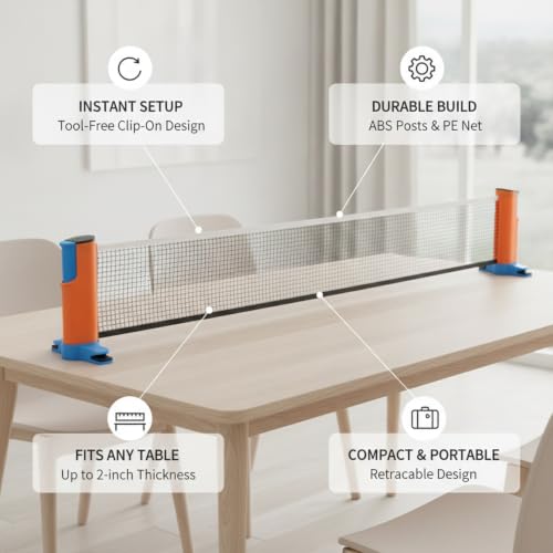 Retractable Table Tennis Net and Post Set, Clip-On Portable Ping Pong Net for Flat Surfaces, ABS Plastic - color: Orange