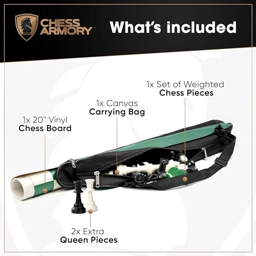Chess Armory Large Chess Set 20" Weighted Tournament Set with Canvas Carrying Bag - Vinyl Roll Up Chess Board, Weighted Chess Pieces - 3.75 Inch King - Extra Queens - size: 20" Vinyl w/ Carrying Bag