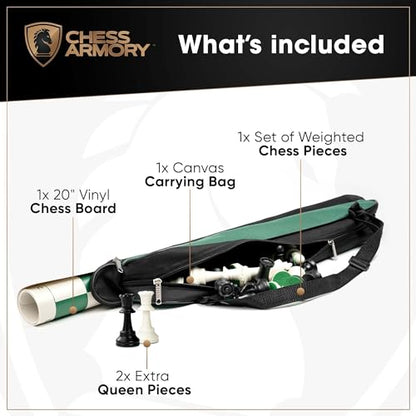 Chess Armory Large Chess Set 20" Weighted Tournament Set with Canvas Carrying Bag - Vinyl Roll Up Chess Board, Weighted Chess Pieces - 3.75 Inch King - Extra Queens - size: 20" Vinyl w/ Carrying Bag