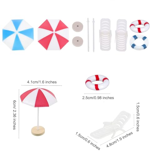 Mini Beach Ornaments Dollhouse Decor,Miniature Chair Umbrella Life Buoy Model for Home Craft Photography Props DIY Landscaping Swimming Pool