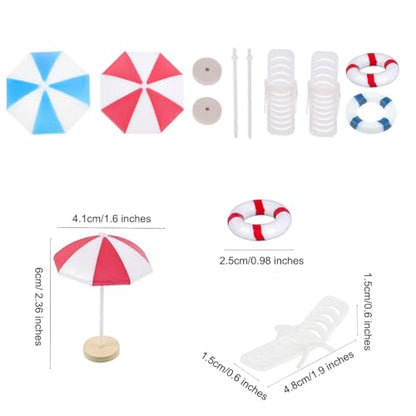 Mini Beach Ornaments Dollhouse Decor,Miniature Chair Umbrella Life Buoy Model for Home Craft Photography Props DIY Landscaping Swimming Pool