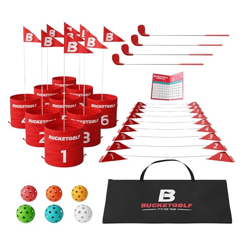 bucketgolf Game 9 Hole Bundle with Clubs - Outdoor Golf Game for All Ages Adults, Kids, Family. Play Golf Anywhere Yards, Beach, Park, Backyard Games. (4 Clubs (4 RH)) - size: 4 Clubs (4 RH)