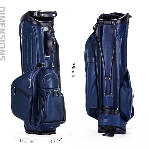 Luxury Faux Leather Golf Stand Bag, 4-Way Full-Length Divider Golf Bag with Carbon Fiber Stand, Cooler Pocket, Ergonomic Straps, Magnetic Pocket, Golf Club Bag with Rain Hood for Men/Women - color: Navy