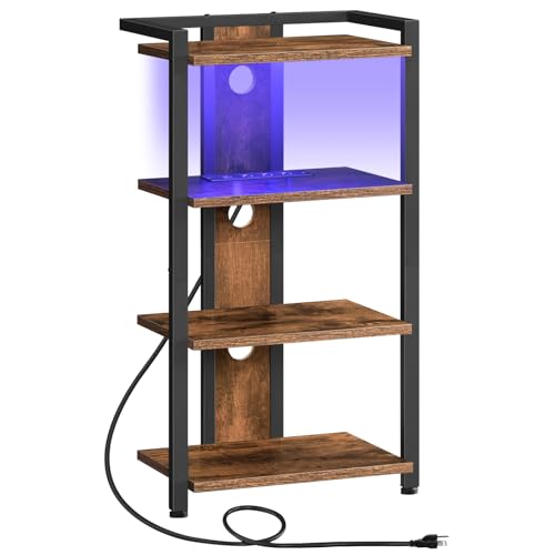 HOOBRO 4-Tier AV Media Stand, Media Console with Charging Station and LED Light, Wooden Stereo Cabinet, Corner TV Stand, Record Player, Entertainment Device Stand, Rustic Brown and Black BF38UDCJ01 - color: Rustic Brown + Black, size: 16.5"L x 10.6"W x 31