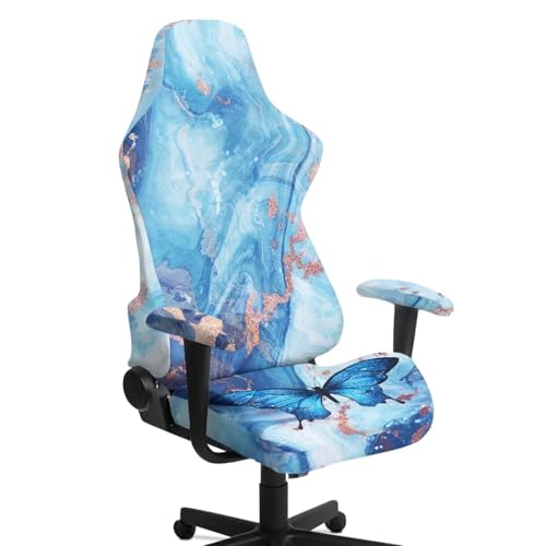 Suobstales Blue Butterfly Marble Print Gaming Chair Cover, Stretchable Computer Office Chair Cover for Armchair, Swivel Chairs, Computer Boss Chair, Removable Chair Slipcovers with Armrest Cover - color: Blue Butterfly Marble