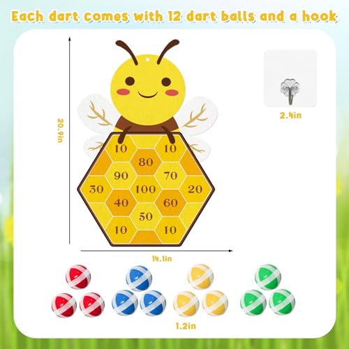 Yquqwn Bee Dart Game for Kids, Cute Bee Toss Game Includes 12 Sticky Balls and Hanging Hook for Birthday Party Games Family Gatherings Indoor Outdoor Activities Gifts