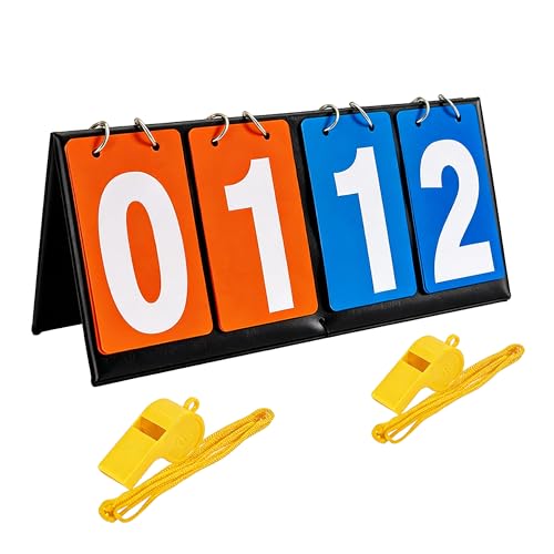 Portable Desktop Flip Scoreboard 4-Digit with 2 Premium Whistles & Mouthguards - Ideal for Basketball, Tennis, Badminton & Multi-Sport Scoring