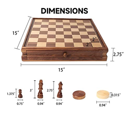 GSE Games & Sports Expert 15" Large Wooden 2-in-1 Chess & Checkers Board Game Combo Set with Drawer, Board Games Chess Checker Set for Kids & Adults