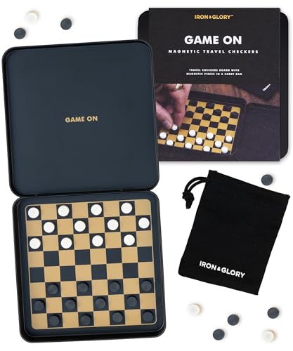Iron & Glory Magnetic Travel Checkers Set Durable Tin Case with Secure Magnetic Pieces, Compact & Portable Board Game Family Strategy Game with Carry Pouch for Easy On-The-Go Fun, Ideal Novelty Gift - color: Travel Checkers