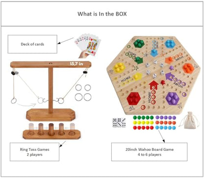 Wooden Wahoo Marble Board Game (20 INCH), Double-Sided, for 2-6 Players, with 24 Marbles and 6 dice. Also Includes Ring Toss, Wooden Hook and Ring Gameand Premium Playing Cards.