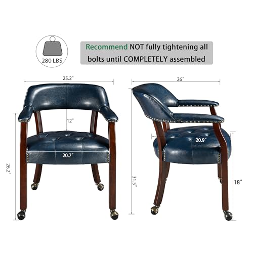 Set of 4 Dining Chair with Casters, Accent Captains Leather Chairs with Wheels & Arms,Wheeled Roller Wood Chairs for Kitchen & Game Poker Table,Cherry&Purplish Blue 1533LB(NO Table!) - color: Cherry&purplish Blue