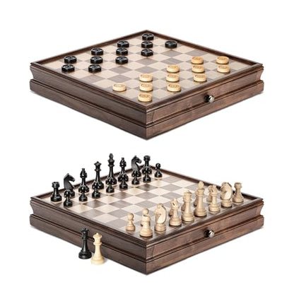 A&A 15 inch Walnut Wooden Chess Set with Storage Drawer, Triple Weighted Pieces, 3.0 inch King Height, Walnut & Maple Inlay, 2 Extra Queen, Classic 2 in 1 Chess and Checkers Board Game