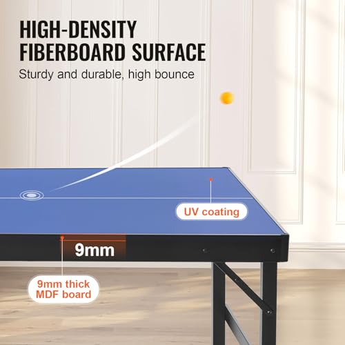 Happybuy Ping Pong Table, Mid-Size Table Tennis Game, Indoor MDF Table Tennis Table, Foldable Portable Complete Set with Net, 2 Paddles, 3 Balls, Carry Bag, Handle (No Assembly Required)