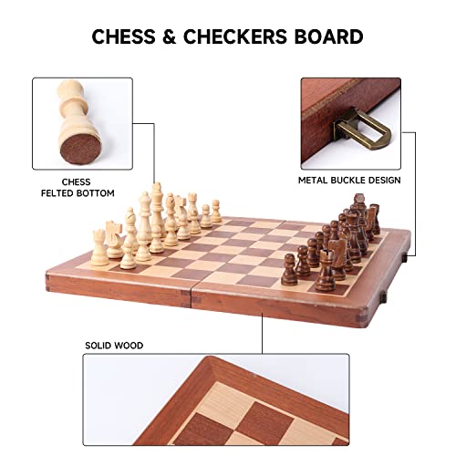 GSE Games & Sports Expert 15" Large Wooden Folding 2-in-1 Chess and Checkers Board Game Combo Set, Portable Travel Board Games Chess Checker Set