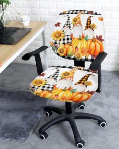 Savannan Office Chair Cover, Autumn Pumpkin Cute Gnome Protective Stretch Elastic Universal Cover for Desk Task Chair,Computer Rotating Chair 1 Pcs Sunflower on Buffalo Check