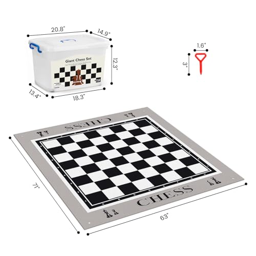 ELONGDI Giant Outdoor Chess Set Oversized Plastic Chess Pieces with Bases Lightweight 71" Chess Mat Floor Games for Kids and Adults - 9.8 Inches Tall King & Storage Bins with Lids