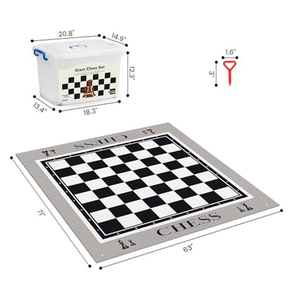 ELONGDI Giant Outdoor Chess Set Oversized Plastic Chess Pieces with Bases Lightweight 71" Chess Mat Floor Games for Kids and Adults - 9.8 Inches Tall King & Storage Bins with Lids