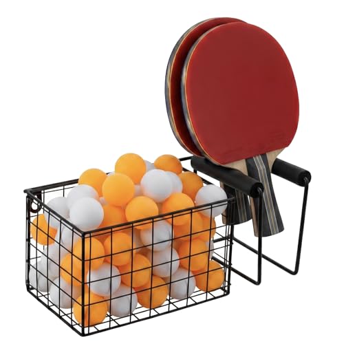 MyGift 12 Inch Wide Table Tennis Equipment Organizer Rack, Wall Mounted Metal Paddle Holder with Ping Pong Ball Storage 5 x 5 Inch Size Basket
