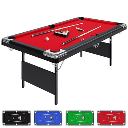 6-7 Ft Portable Pool Table, Folding Billiards Tables with Full Set of Balls, Cues, Chalk & Brush, No Assembly, Adult Pool Table for Family/Game Room/Basements/Garage/Outdoor