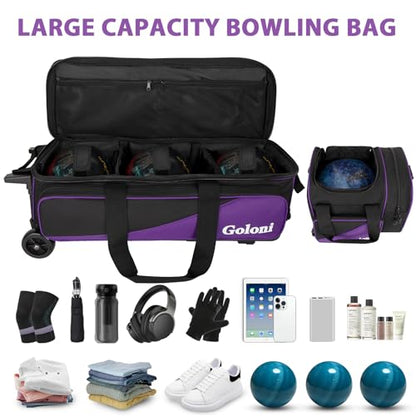 Goloni 3 Ball Bowling Bag with Wheels, Rolling Bowling Roller Bag with Retractable Handle for Balls & Bowling Accessories - color: 4 Ball-Purple