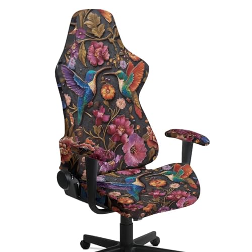 Hummingbird Print Gaming Chair Covers with Armrest Covers Retro Flower Print Computer & Gaming Chair Slipcover Universal Fit Office Desk & Racing Computer Gamer Chairs - color: Brown and Multi - Hummingbird Retro Flower