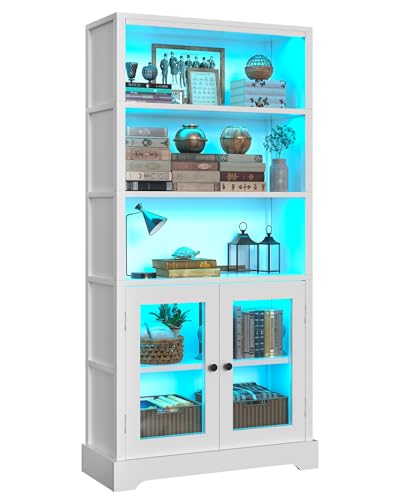TVU 5-Tier Bookshelf, 65" Bookshelf with Multi-Color Ambient Lights (APP Remote Control), Tall Vertical Display Shelf with Cabinet Doors, Suitable for Living Room, Bedroom, Study, Office, White - color: White