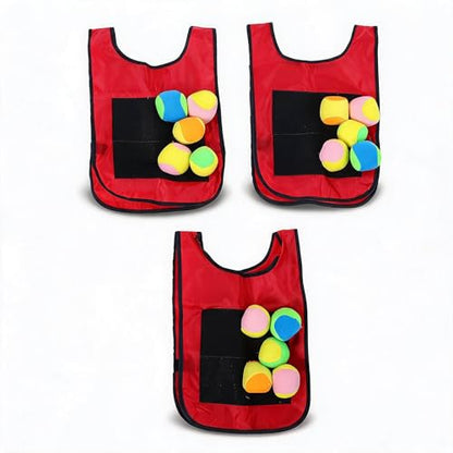 Pomya Kids Sticky Ball Vest Set | Hook and Loop Dodgeball Game with 5 Balls, 29x42cm Red Double Sided Vests for Outdoor Throwing Toys
