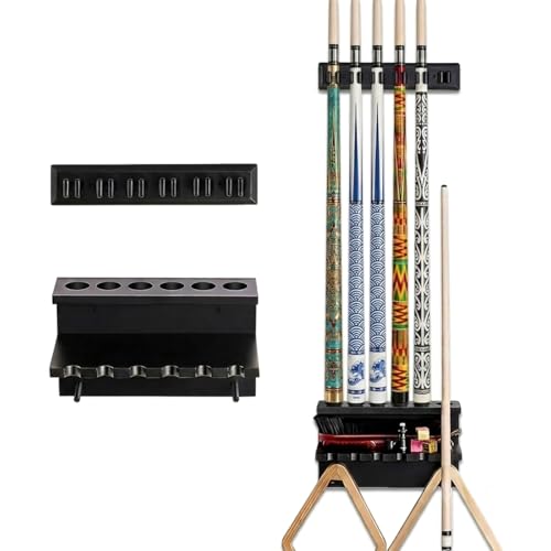 SUPERDIAMOND Hardwood Pool Cue Rack Wall Mount, 6 Pool Stick Holder with Accessory Storage Shelf & Triangle Hooks, Adjustable 2-Piece Space Saving Billiard Organizer for Game Room, Man Cave (Black) - size: 6 Cues, style: SU-wa6-Cue Racks-black2