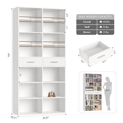 HOSTACK 73" Tall Bookshelf with Drawers, 7-Tier White Bookshelf with Storage, Double Wide Bookcase with 14 Open Book Shelves, Wood Book Case with Adjustable Shelves for Media CD DVD Storage, White - color: White