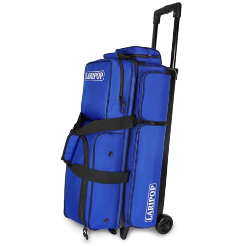 LARIPOP 3 Ball Bowling Bag with Wheels and Shoe Compartment, Rolling Bowling Bag for 3 Balls, Heavy Duty Bowling Roller Bag with Retractable Handle for Men Women - color: Blue