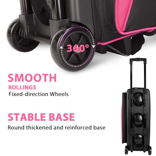 Goloni 3 Ball Bowling Bag with Wheels, Rolling Bowling Roller Bag with Retractable Handle for Balls & Bowling Accessories - color: 3 Ball-Pink