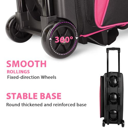 Goloni 3 Ball Bowling Bag with Wheels, Rolling Bowling Roller Bag with Retractable Handle for Balls & Bowling Accessories - color: 3 Ball-Pink