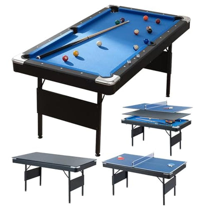 3 in 1 Pool Table Ping Pong Dining Table Combo,63.8 Foldable Billiard Tables/Table Tennis, Multi Game Table, with Billiard and Tennis Paddles Accessories - color: 3 in 1 Pool Table+Blue