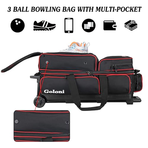 Goloni 3 Ball Bowling Bags with Wheels - Rolling Bowling Bag for 3 Balls & Accessories - Retractable Handle Extends to 38 - color: Red