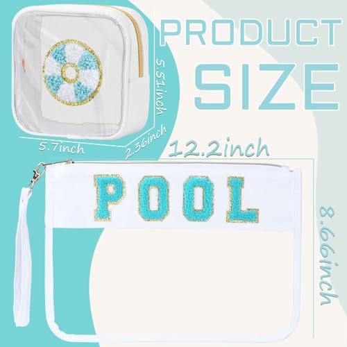 BuyCard 2 Pcs Pool Bag Cosmetic Makeup Bag with Chenille Letter Patch, Clear Pouch PVC Organizer Purse, Waterproof Travel Beach Bag, Portable Toiletry Storage Bag - color: POOL-White