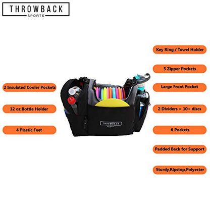 The Throwback Sack - Frisbee Disc Golf Bag with Cooler - Holds 12 to 15 Discs + 6 Cold Drinks + Water Bottle Holder - Extra Padding, Comfortable Strap - Room for All Your Disc Golf Accessories