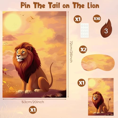 PLULON Pin The Tail on The Lion Safari Party Game for Kids, Birthday Games Big Poster with Tail Stickers for Zoo Animal Lion Party Favors Decorations Boys Birthday Jungle Party Supplies - style: Lion B