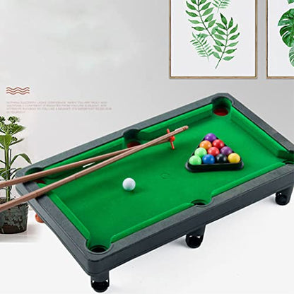 1Set Mini Tabletop Pool Set Small Billiards Game Includes Game Balls, Sticks and Triangle Rack Travel Friendly Office Desk Games for The Whole Family