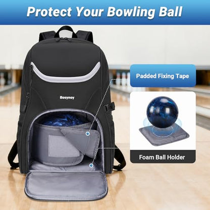 Bosynoy Bowling Ball Bag, Bowling Backpack for Single Ball with Shoe Compartment, Bowling Bag Totes Fits Shoes Up to US Mens Size 16 with Padded Holder, Black