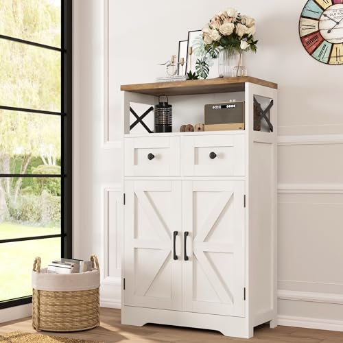 Befrases Farmhouse White Storage Cabinet with Doors and Drawers, Freestanding Kitchen Pantry Cabinet, Floor Storage Cabinet Hutch Cupboard for Kitchen, Living Dining Room, Bathroom - color: Antique White, size: 1 Pack