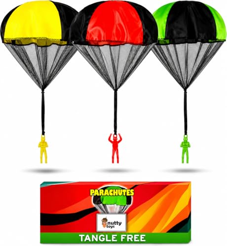 NUTTY TOYS Parachute Toys for Kids - Tangle Free Outdoor Flying Parachute Men, Top Indoor & Outside, 3 4 5 6 7 8 9 10 11 12 Year Old, Best Christmas Stocking Stuffers Idea 2026 Unique Boy & Girl Gifts - style: Red Yellow Green