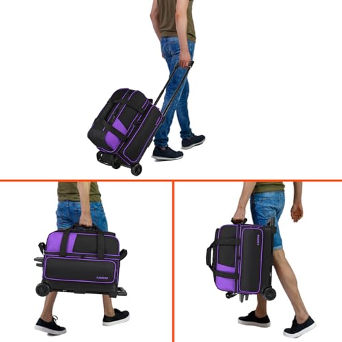 LARIPOP 2 Ball Bowling Roller Bag, Wheeled Bag with Shoe Compartment, Telescopic Handle & Padded Protection for Men Women - color: Purple
